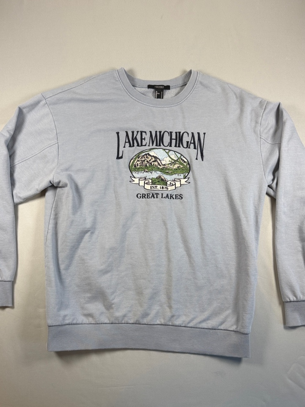 Forever 21 Light Blue Lake Michigan Graphic Crewneck Sweatshirt